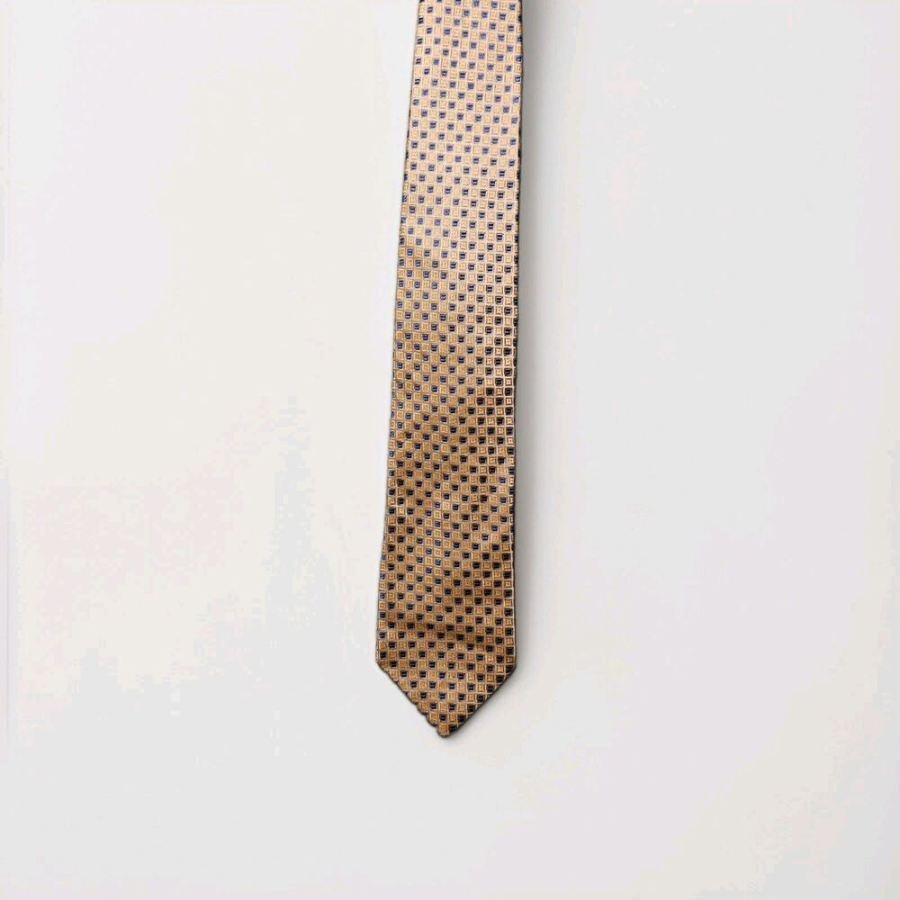 Tommy Hilfiger 100% Silk Tie Gold Blue Geometric Men's Designer Necktie